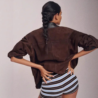 Women’s Oversized Utility Jacket in Suede-look with Contrast Collar & Flap Pockets EVA-US