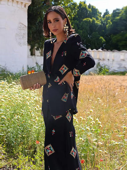 Women's Two-Piece Jacquard Suit with Waist Tie and Wide Leg EVA-US