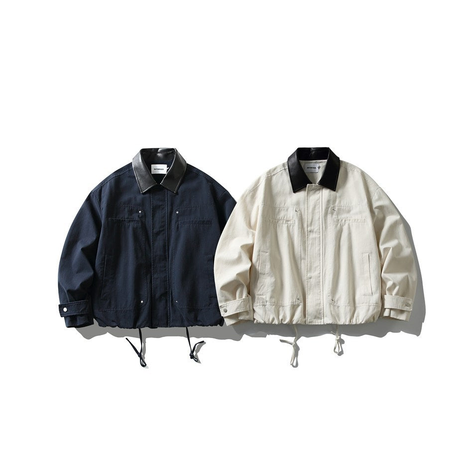 Men's short-cut boxy blouson jacket with faux leather collar, drawstring hem, and snap button cuffs EVA-US