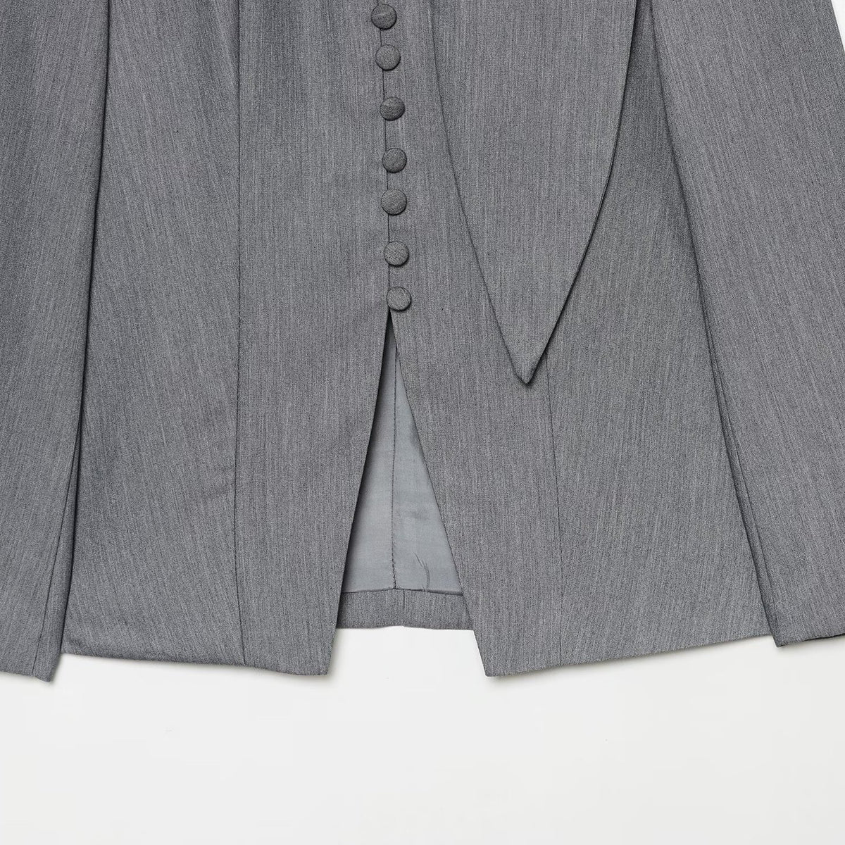 Women's Elegant Longline Blazer with High Funnel Collar and Overlapping Fabric Buttons EVA-US