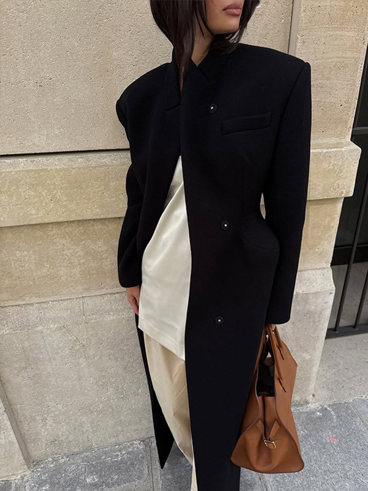 Women Sculptural Midi Coat with distinctive shoulder area and concealed button placket EVA-US