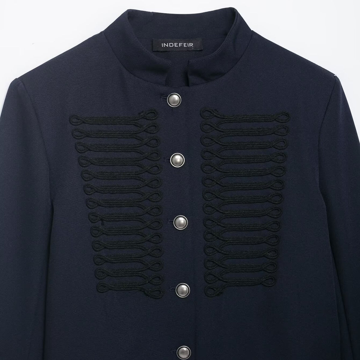 Women Short Military-Inspired Wool Blend Blazer with Stand-Up Collar and Decorative Cord Detail EVA-US