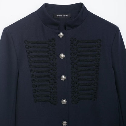 Women Short Military-Inspired Wool Blend Blazer with Stand-Up Collar and Decorative Cord Detail EVA-US