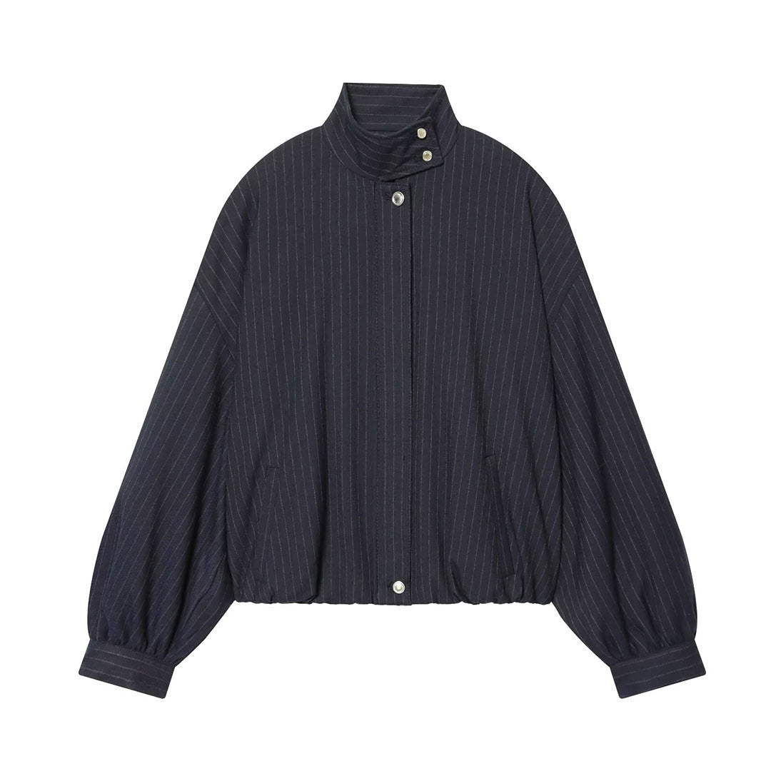 Ladies Short Pinstripe Blouson Jacket with Stand Collar, Balloon Sleeves and Elastic Hem EVA-US