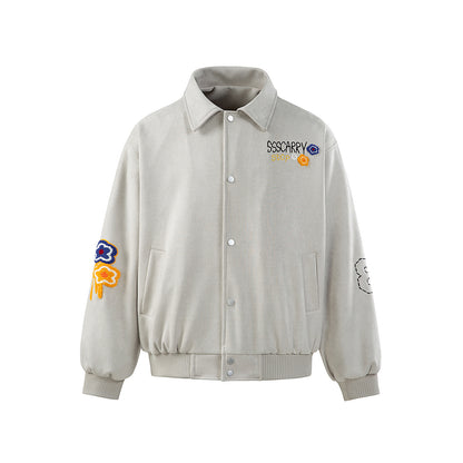 Unisex Boxy Blouson Jacket with Embroidered Floral Patches and Elastic Hem EVA-US