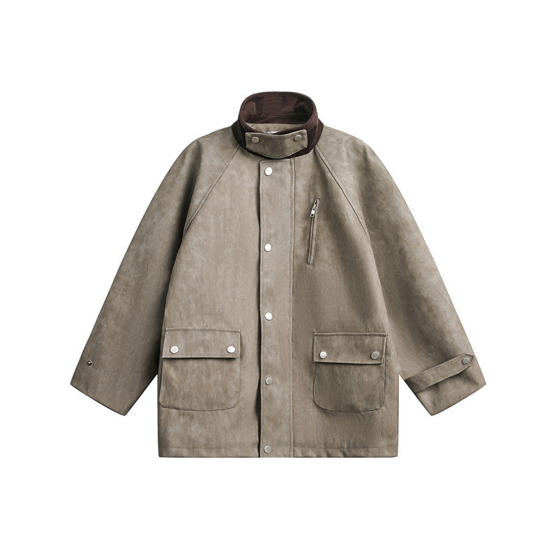 Unisex Short Cut Boxy Velour Utility Jacket with Stand-Up Collar and Flap Pockets EVA-US