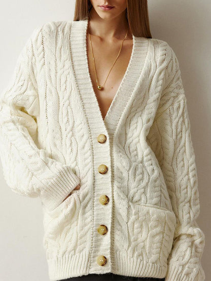 Women's Oversize Cable Knit Cardigan with V-Neck and Patch Pockets EVA-US