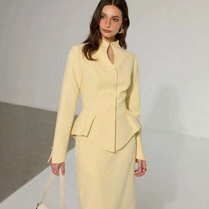 Women's Two-Piece Tailored Blazer and Pencil Skirt Set with Stand Collar and Peplum Dress