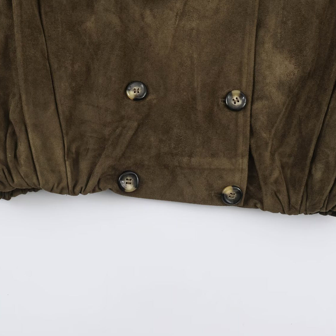 Women's Short-Cut Double-Breasted Suede-Look Bomber with Stand-Up Collar and Shoulder Patches EVA-US