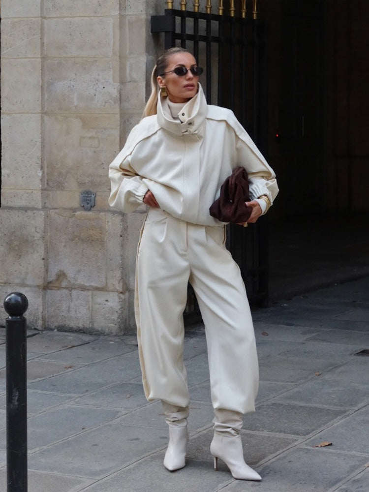 Women's Two-Piece Oversized Jacket and Pleated Pants Set with High Stand Collar EVA-US