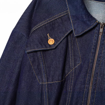 Women's Cropped Denim Jacket with Zipper, Tailored Drawstring and Flap Pockets EVA-US