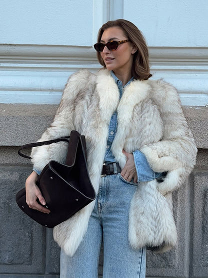 Women's Boxy Faux Fur Jacket with Textured Shag Look and Voluminous Shawl Collar EVA-US