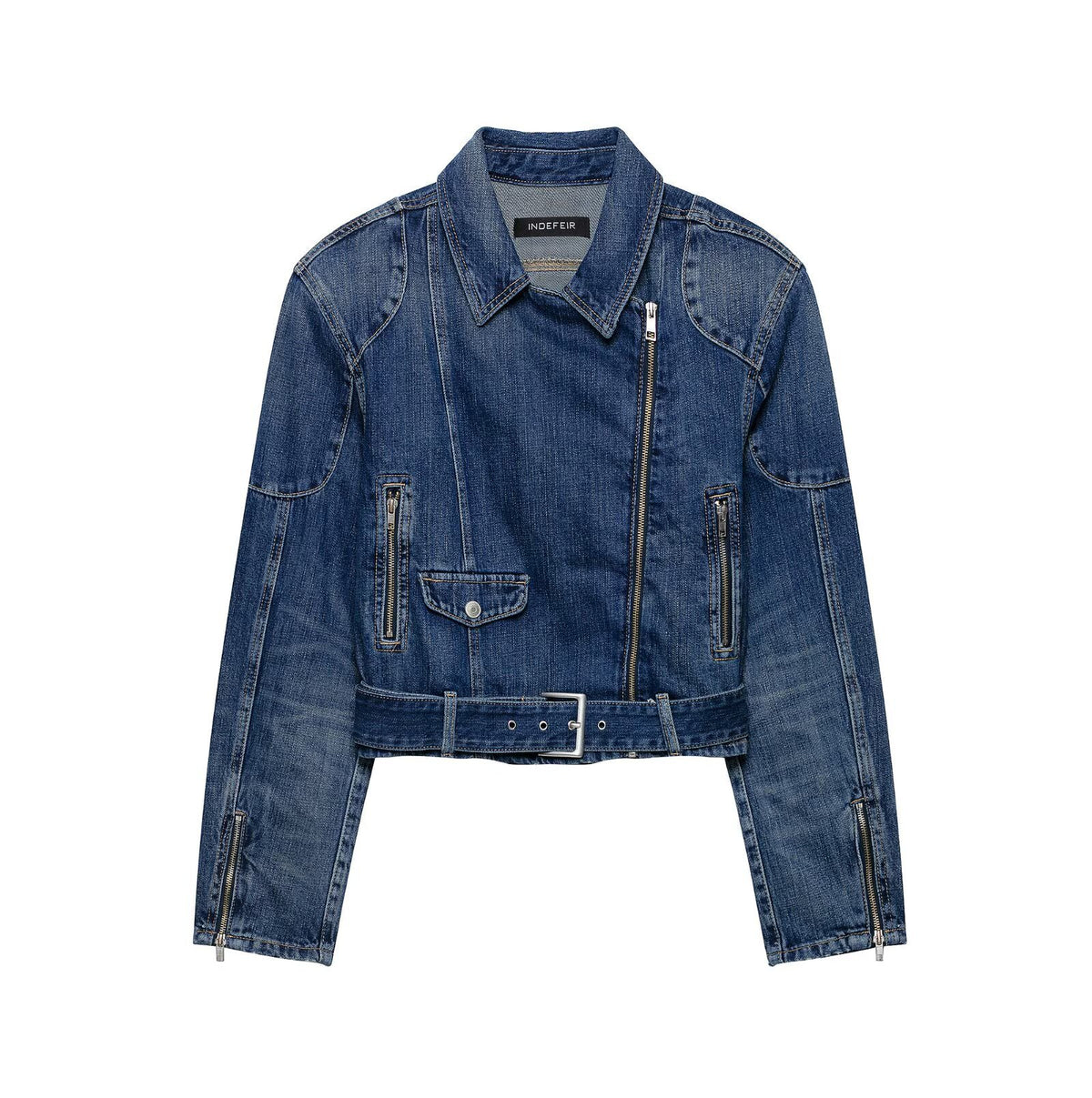 Women's Short Denim Biker Jacket with Belt and Asymmetrical Zipper EVA-US