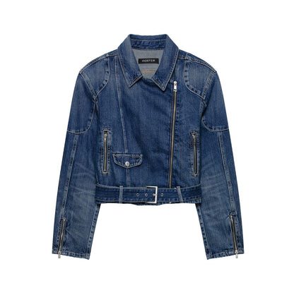 Women's Short Denim Biker Jacket with Belt and Asymmetrical Zipper EVA-US