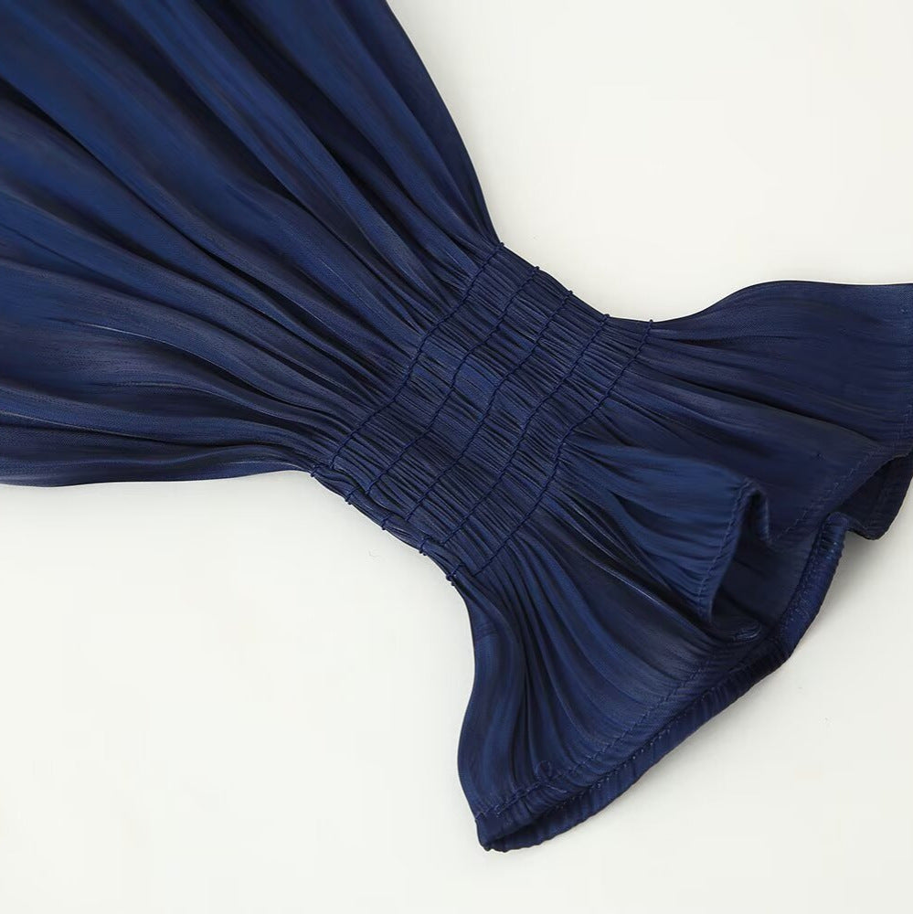 Women silk-like slip blouse with bow collar, pleated effect and ruched balloon sleeves EVA-US