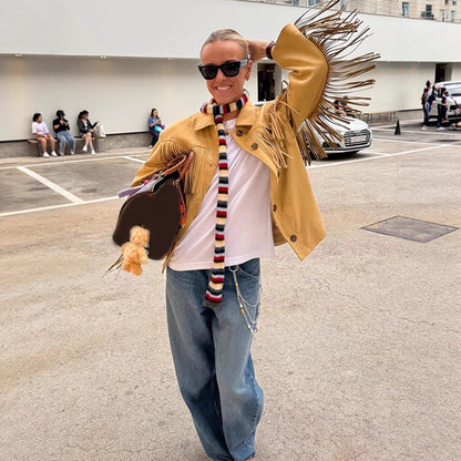 Women's Oversize Fringed Jacket in Western Style made of Suede Look with Shirt Collar EVA-US