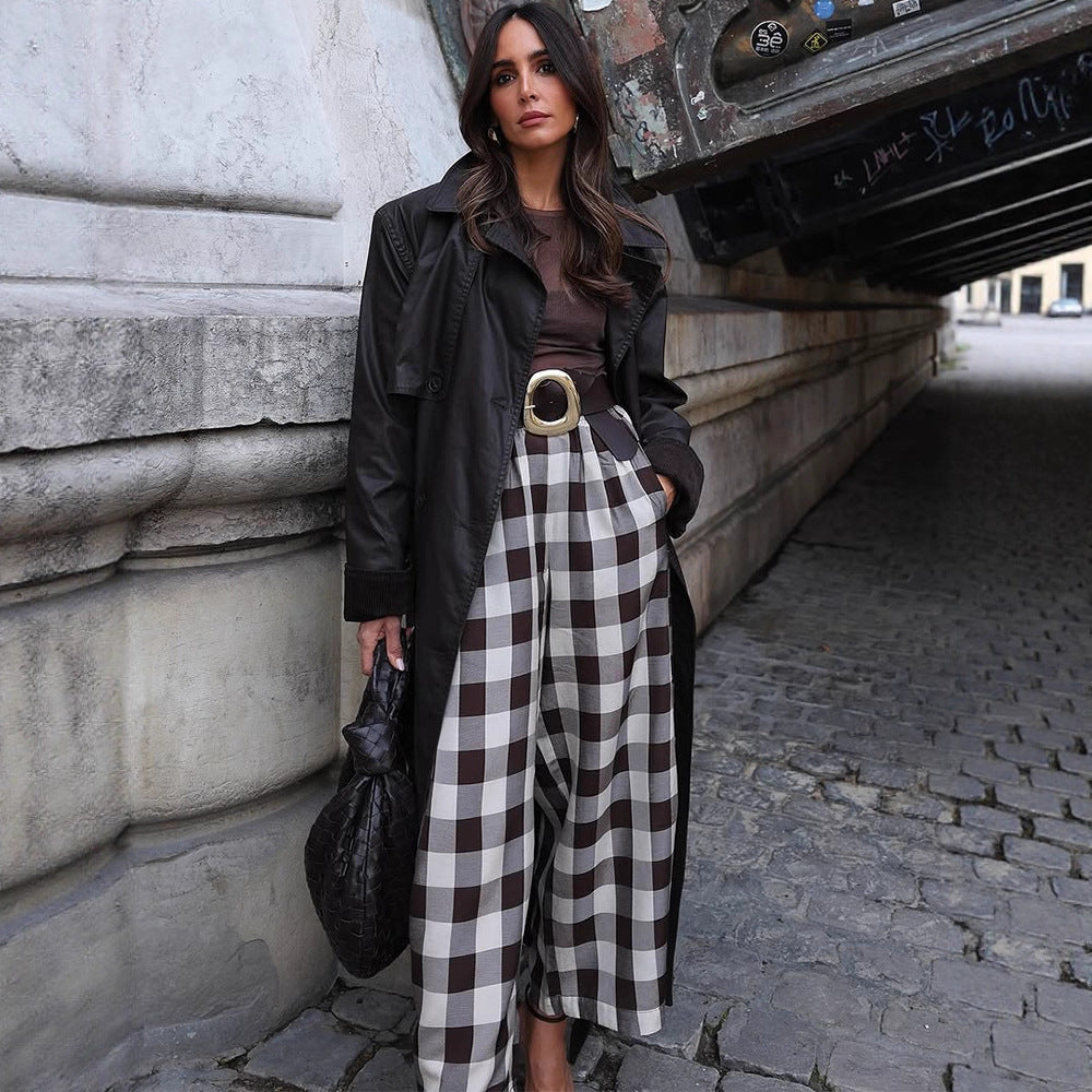 Women's Check High-Waisted Palazzo Pants with Wide Leg & Pleats EVA-US