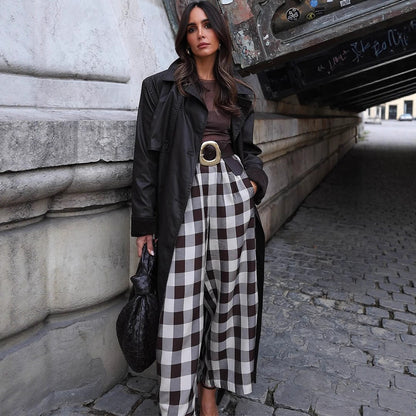 Women's Check High-Waisted Palazzo Pants with Wide Leg & Pleats EVA-US