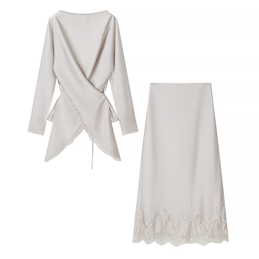 Women's Two-Piece Satin Set with Wrap Blouse and Midi Skirt with Lace Trim EVA-US