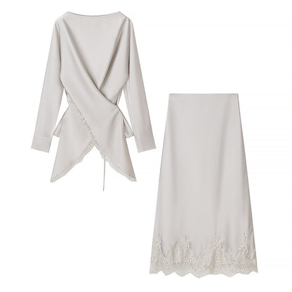 Women's Two-Piece Satin Set with Wrap Blouse and Midi Skirt with Lace Trim EVA-US