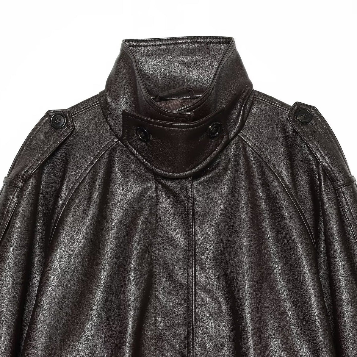 Women's short-cut leather look blouson jacket with high funnel collar, shoulder tabs and integrated patch pockets EVA-US
