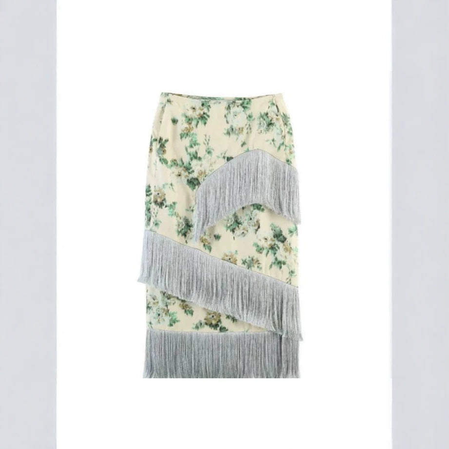 Women's floral printed midi skirt with diagonal fringed trim and slim silhouette EVA-US