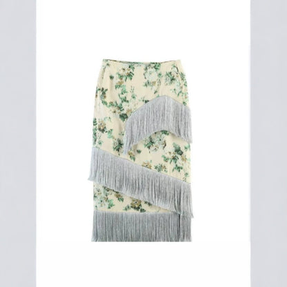 Women's floral printed midi skirt with diagonal fringed trim and slim silhouette EVA-US