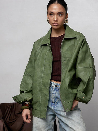 Women's Oversize Faux Leather Jacket in Boxy Cut with Raglan Sleeves and Two-Way Zipper EVA-US