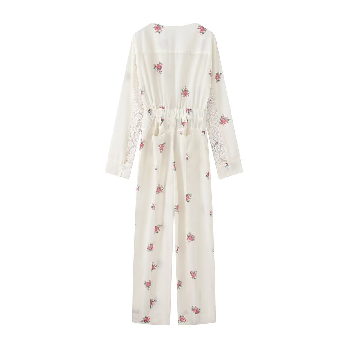 Women Long Jumpsuit with Floral Print, V-Neck, Zipper and Drawstring EVA-US