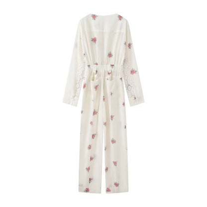 Women Long Jumpsuit with Floral Print, V-Neck, Zipper and Drawstring EVA-US