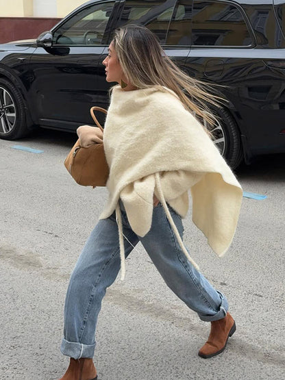 Women Oversize Wool Blend Poncho with Asymmetric Fall and Ties EVA-US