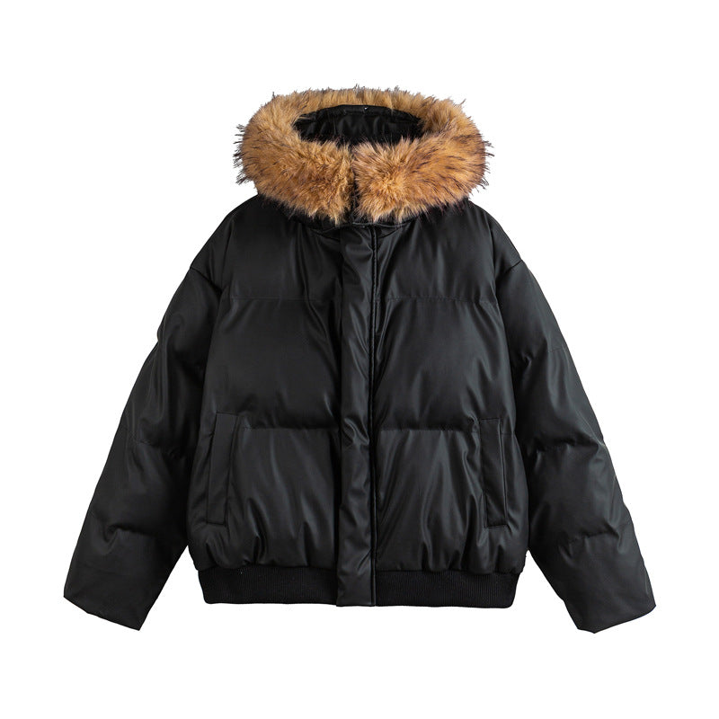 Women's short cropped quilted jacket with faux fur hood and elastic hem EVA-US