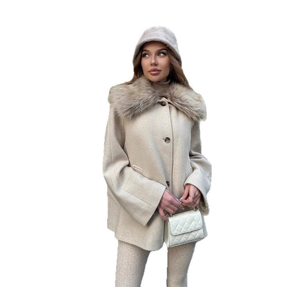 Women's short coat with faux fur shawl collar & boxy oversized silhouette EVA-US