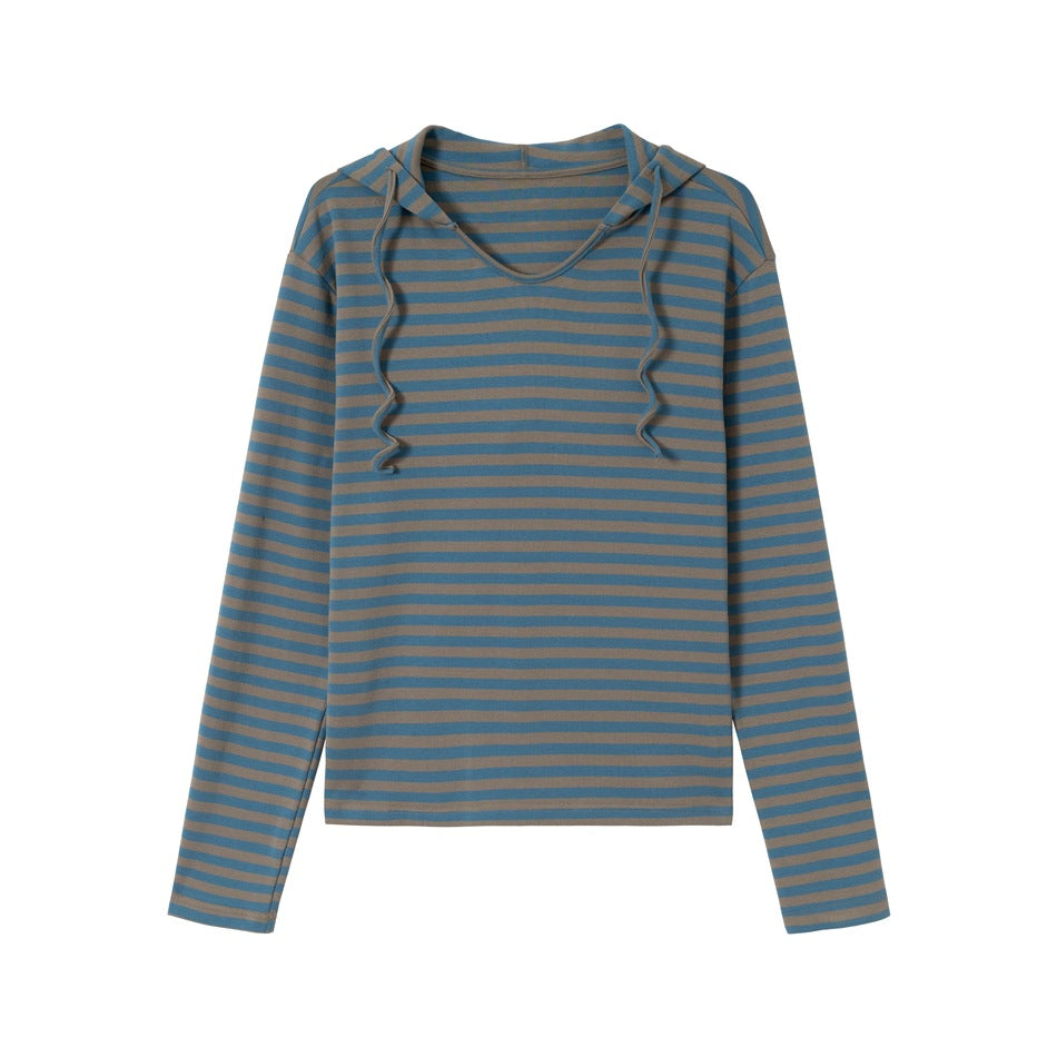 Women Striped Long Sleeve Hoodie Shirt with V-Neck and Hood Drawstring EVA-US