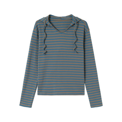 Women Striped Long Sleeve Hoodie Shirt with V-Neck and Hood Drawstring EVA-US