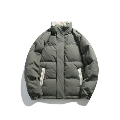 Unisex Short Cut Padded Puffer Jacket with High Stand-Up Collar and Striped Pocket Flaps EVA-US