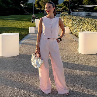 Women High-waisted wide summer trousers with crease and patch pockets EVA-US
