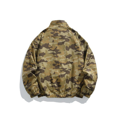Unisex Lightweight Camo Windbreaker with High Stand Collar, Chest Zip and Elastic Hem EVA-US