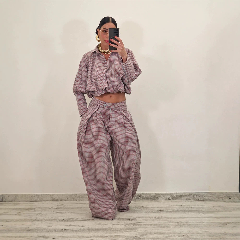 Women Two-Piece Checked Set with Cropped Oversized Shirt and Wide Pleated Trousers EVA-US