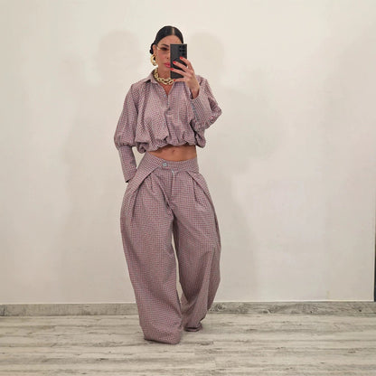 Women Two-Piece Checked Set with Cropped Oversized Shirt and Wide Pleated Trousers EVA-US
