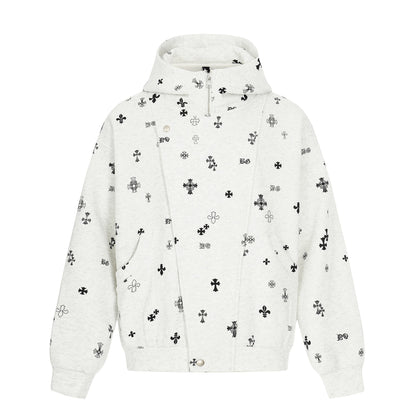 Unisex Boxy Hoodie Jacket with Half Zipper and Allover Print EVA-US
