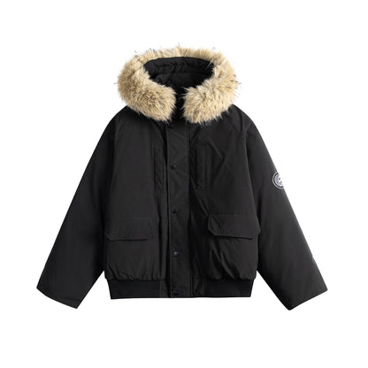 Men's short parka bomber with faux fur-lined hood and robust thermal insulation EVA-US