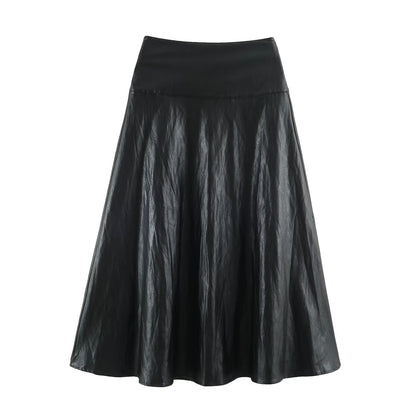 Women's midi skirt in leather look with high waist and flared cut EVA-US