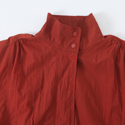 Women's Lightweight Cropped Bomber Jacket with Stand Collar, Elastic Hem and Snap Button Placket EVA-US