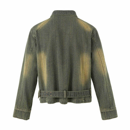 Women's Embroidered Short Denim Blouson Jacket with Waist Belt and Zipper EVA-US