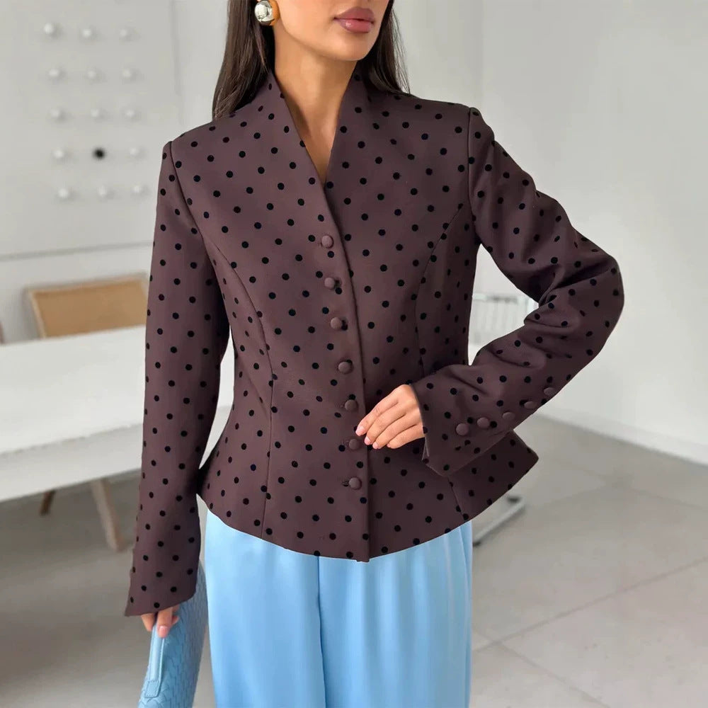 Women's Tailored Stand Collar Blazer with Polka Dot Pattern and Concealed Button Placket EVA-US