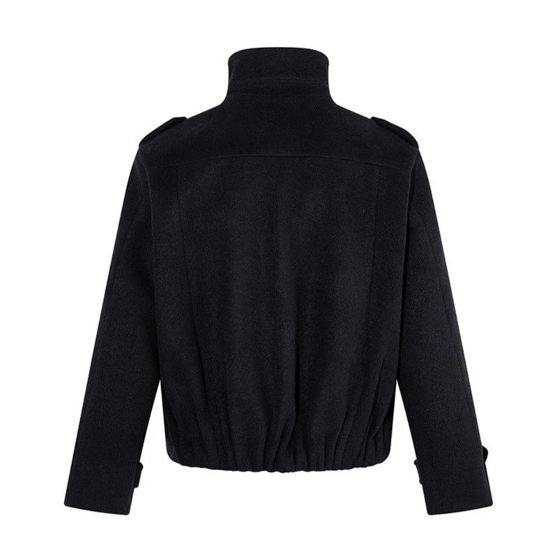 Women Short Double-Breasted Military Cab Jacket with Stand Collar and Epaulettes EVA-US