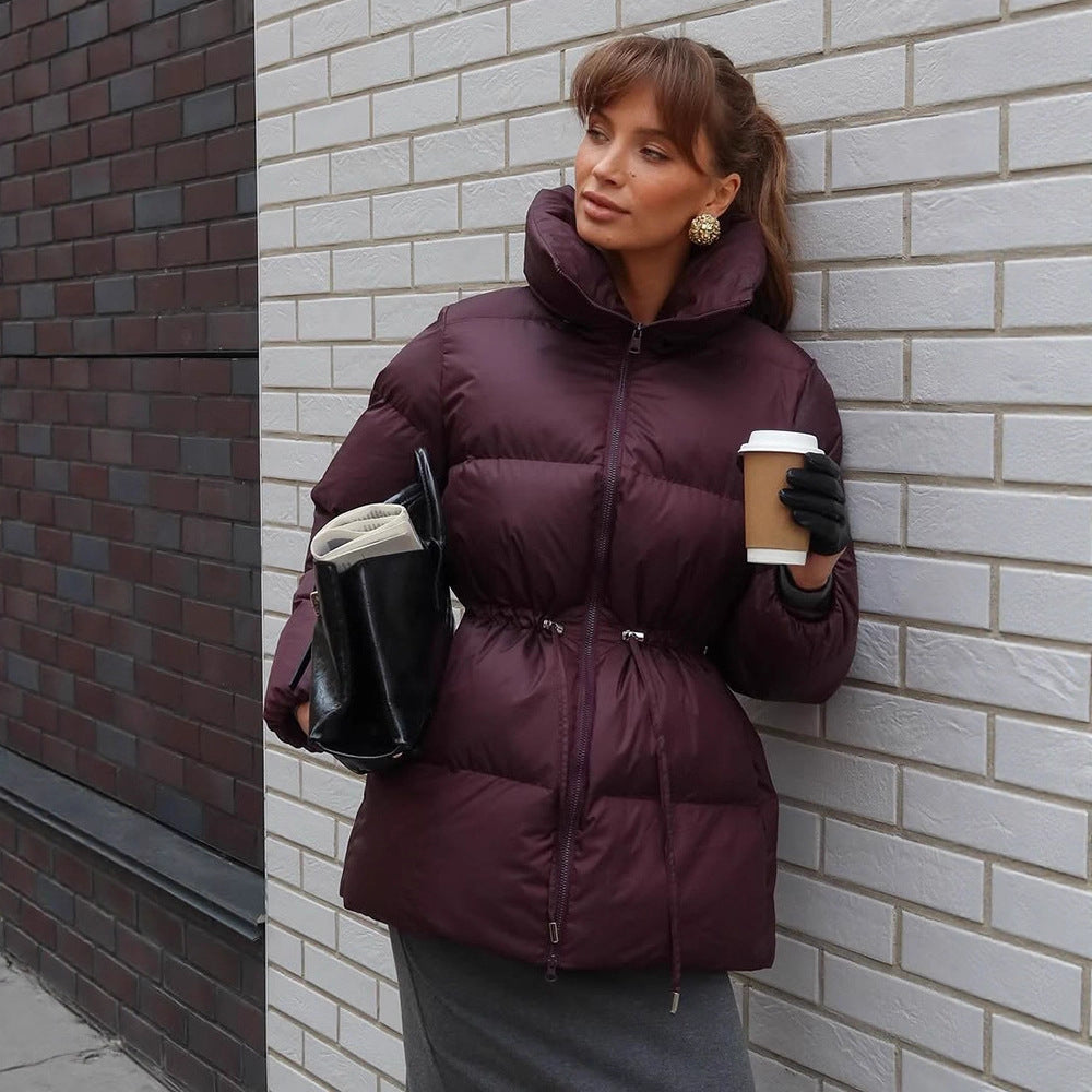 Women's Padded Fitted Quilted Jacket with Drawstring & High Standing Collar EVA-US