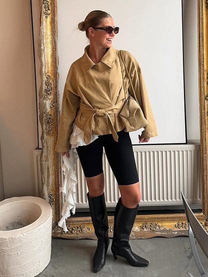 Women's Short Tailored Canvas Jacket with Tied Belt and Dropped Shoulders EVA-US