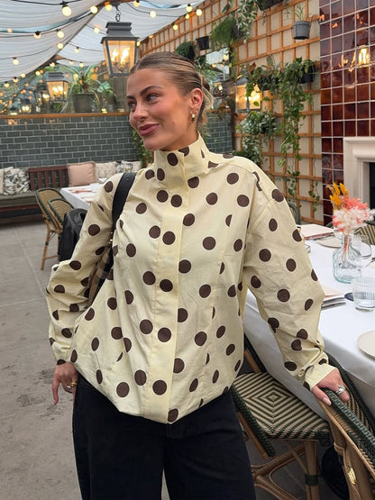 Women's Boxy Shirt Jacket with Stand Collar, Balloon Sleeves, and Large Polka Dot Print EVA-US